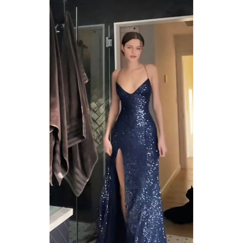 Navy Blue Sequine Prom Dress Spaghetti Strap Slit Evening Dress J4809