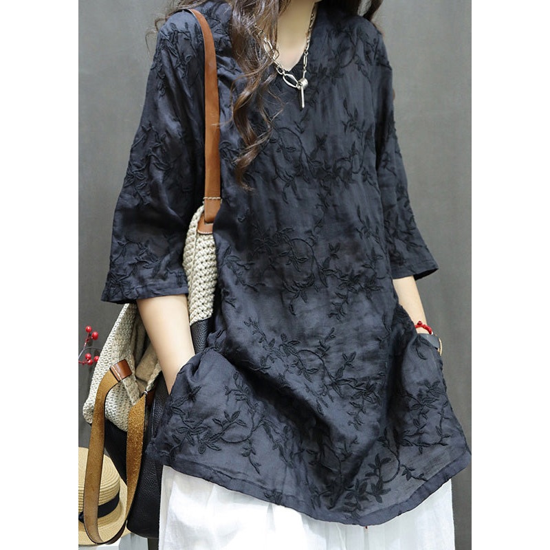 New Black V Neck Embroidered Linen Mid Dresses Summer