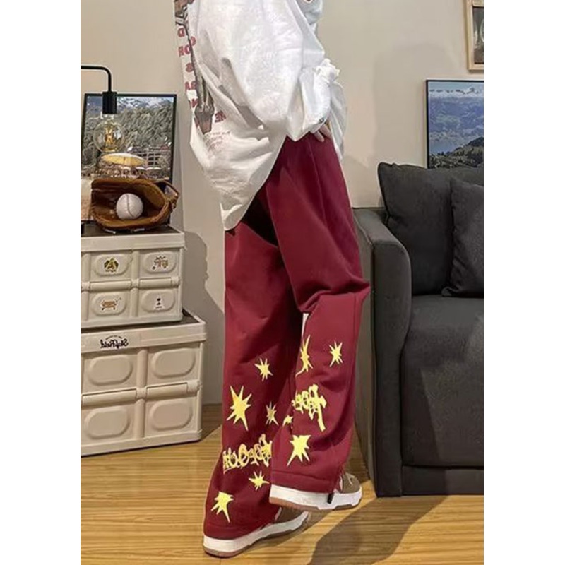 New Red Print Pockets Elastic Waist Cotton Mens Pants Spring