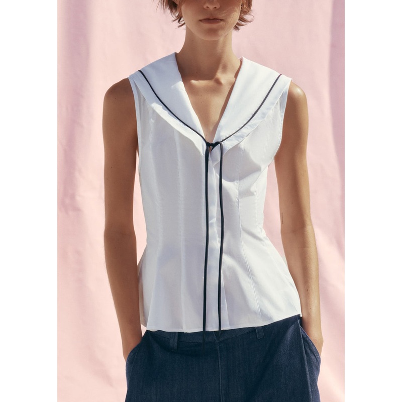 New White Sailor Collar Bow Cotton Shirt Sleeveless
