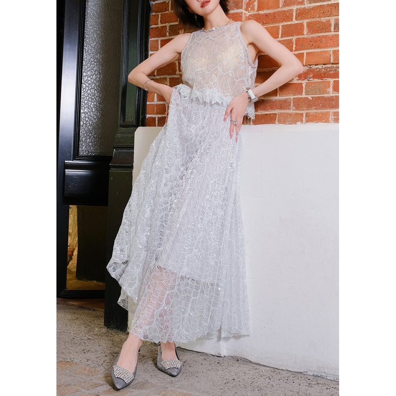 Novelty Grey Sequins Hollow Out Lace Two Piece Set Sleeveless