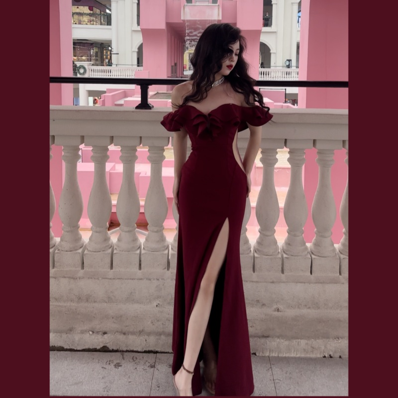 Off Shoulder Burgundy Mermaid Long Prom Dress Sexy Evening Dress Graduation Dress J8052