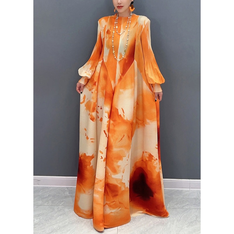 Orange Wrinkled Patchwork Cotton Maxi Dress O Neck Fall