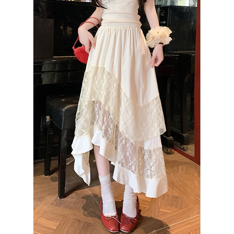 Original Apricot Lace Tulle Patchwork Cotton Skirts Summer