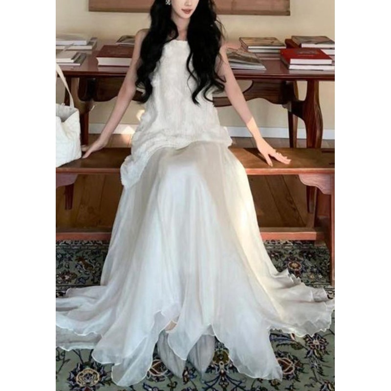 Original White Floral Tops And Skirts Two Piece Set Sleeveless