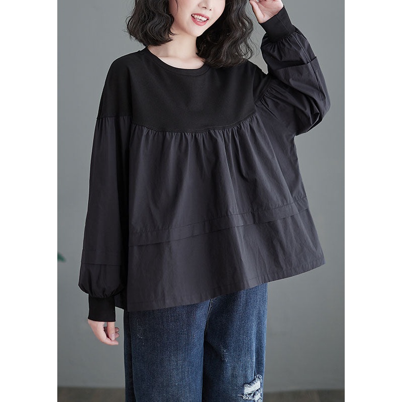 Plus Size Black O Neck Patchwork Cotton Shirt Tops Spring
