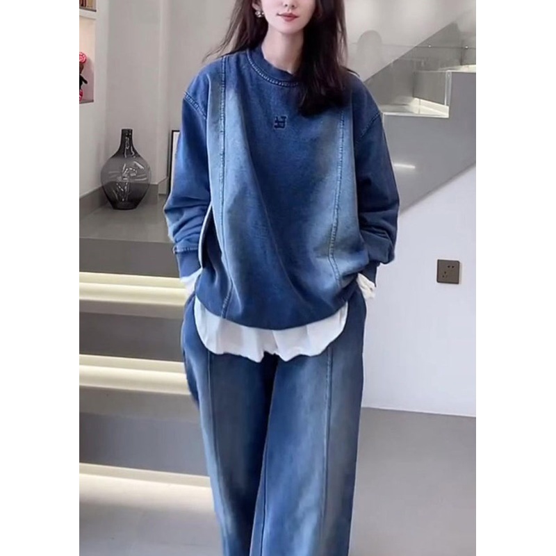 Plus Size Blue O Neck Tops And Pants Denim Two Piece Set Outfits Spring