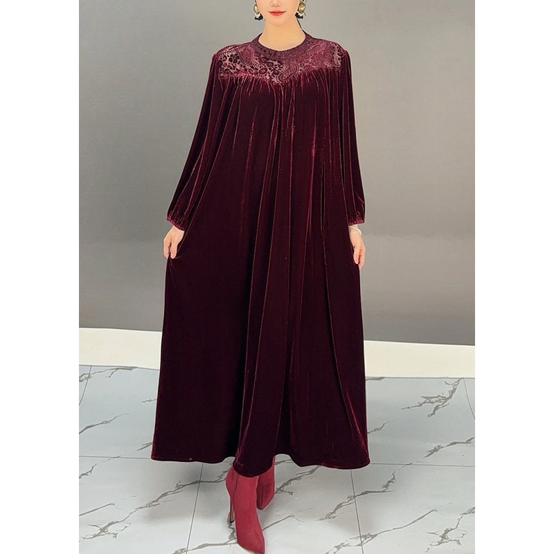 Plus Size Purple O-Neck Wrinkled Silk Velour Maxi Dresses Winter