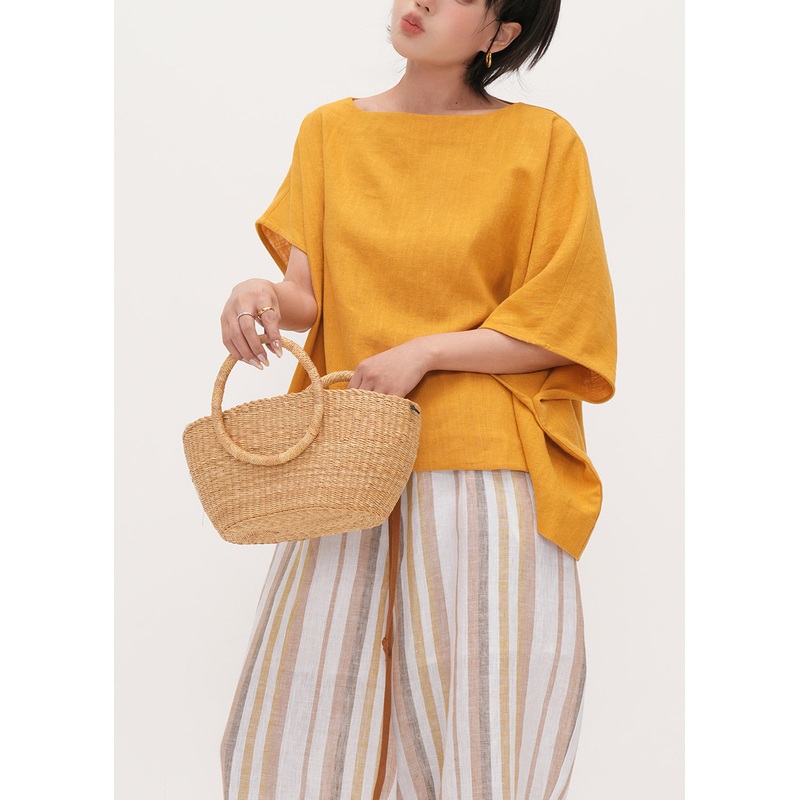 Plus Size Yellow Oversized Linen Tank Tops Batwing Sleeve