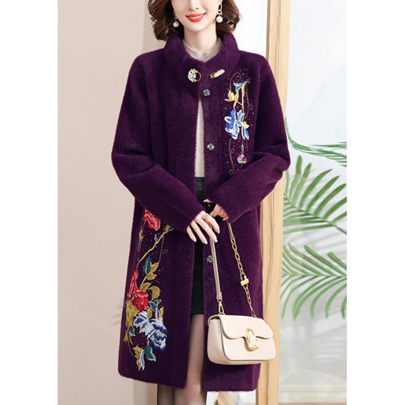 Purple Print Button Maxi Woolen Coats Spring