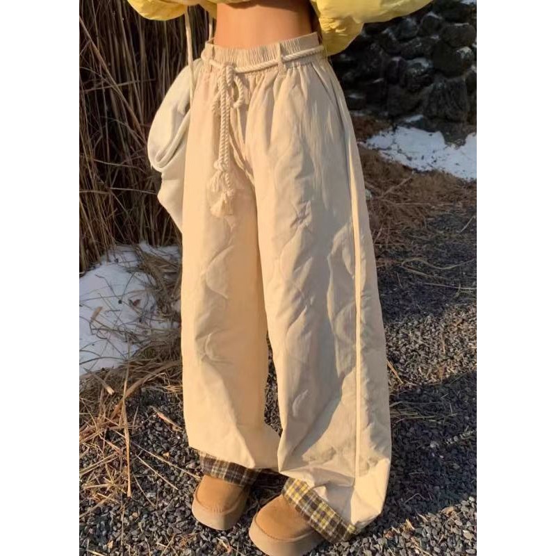 Simple Apricot Plaid Pockets Elastic Waist Mens Pants Winter