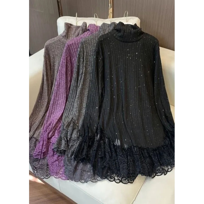 Simple Black Sequins Patchwork Lace Knit Pullover Spring