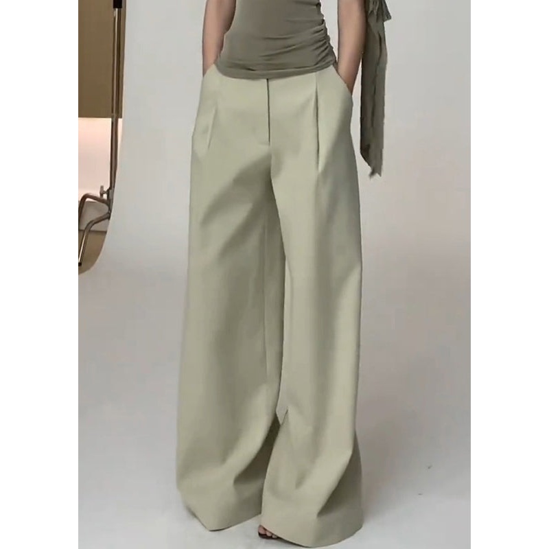 Simple Light Green Pockets High Waist Spandex Wide Leg Pants Fall