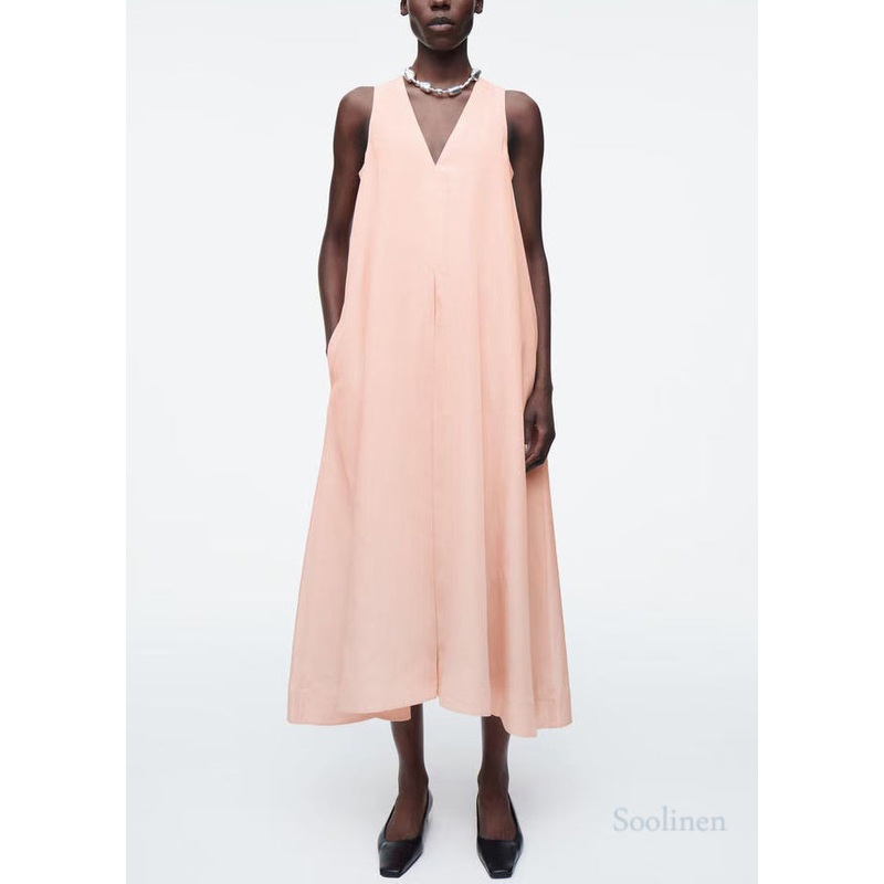 Simple Pink Oversized A Line Dress V Neck Sleeveless