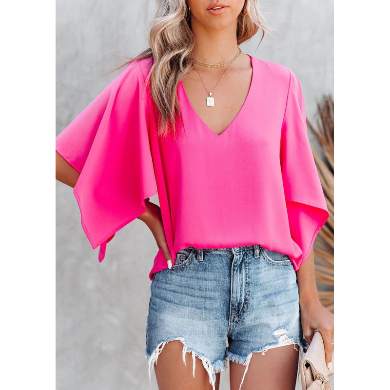 Simple Rose V Neck Solid Cotton T Shirt Summer