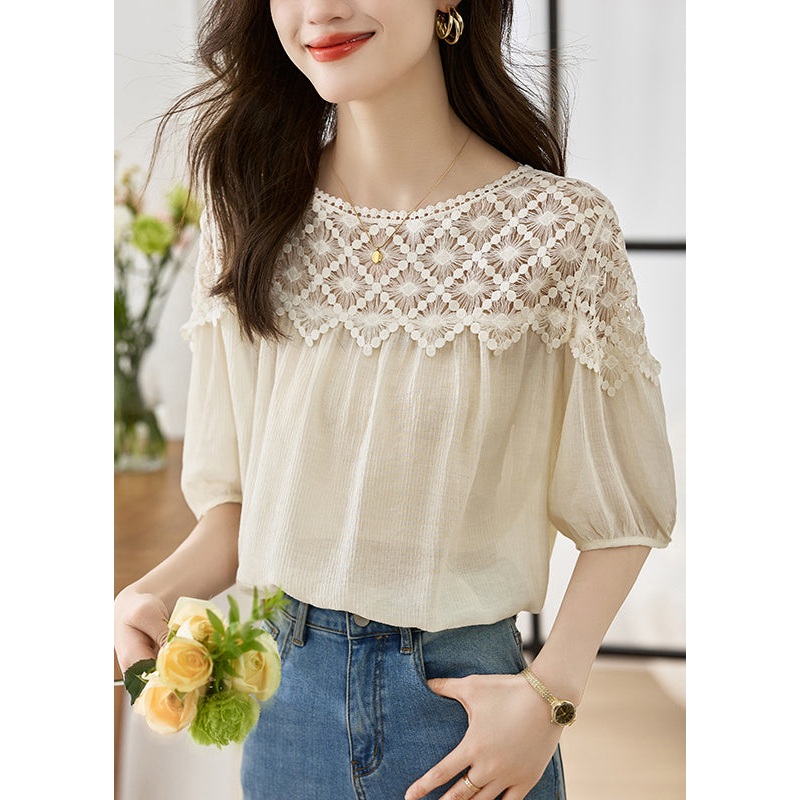 Simple White Puff Sleeve Patchwork Lace Chiffon T-shirts