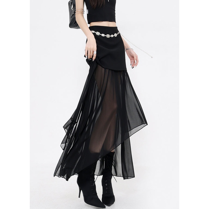 Slim Fit Black Asymmetrical Patchwork Tulle Skirts Summer