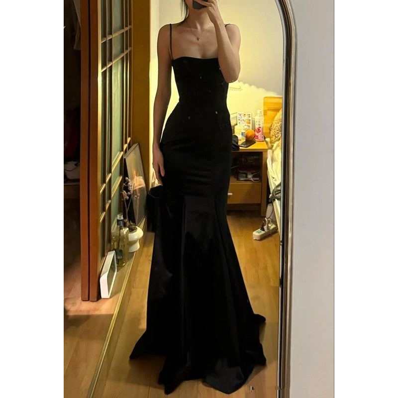 Spaghetti Straps Black Mermaid Prom Dress Satin Evening Dress J6022