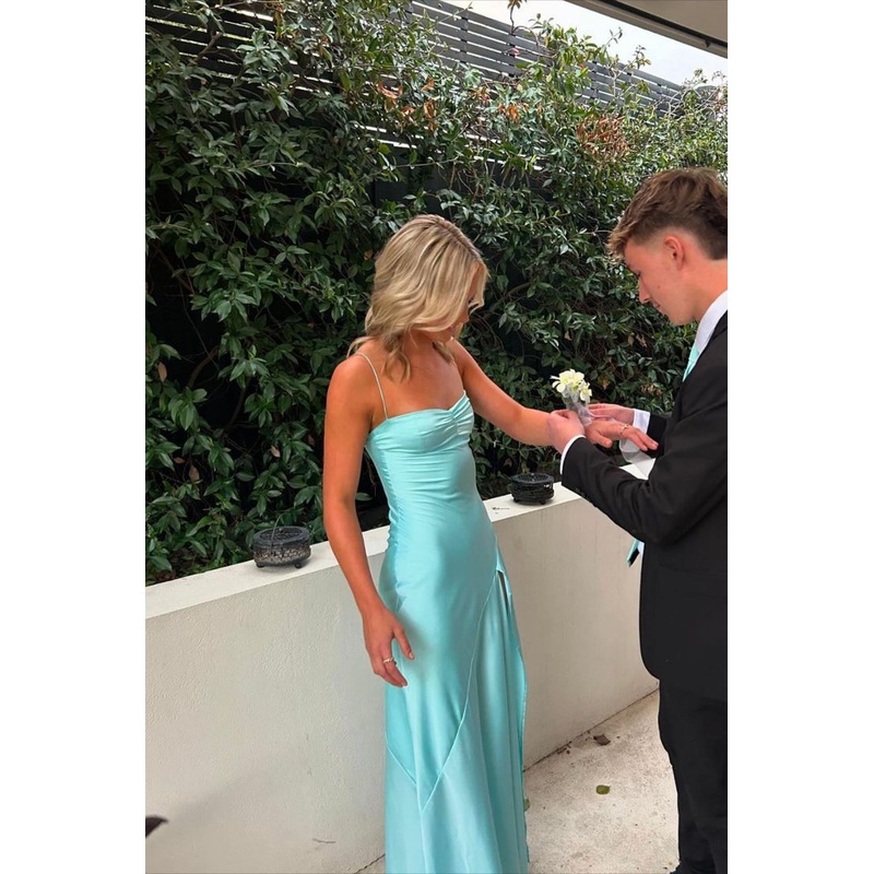 Spaghetti Straps Blue Long Dress with Slit J5860