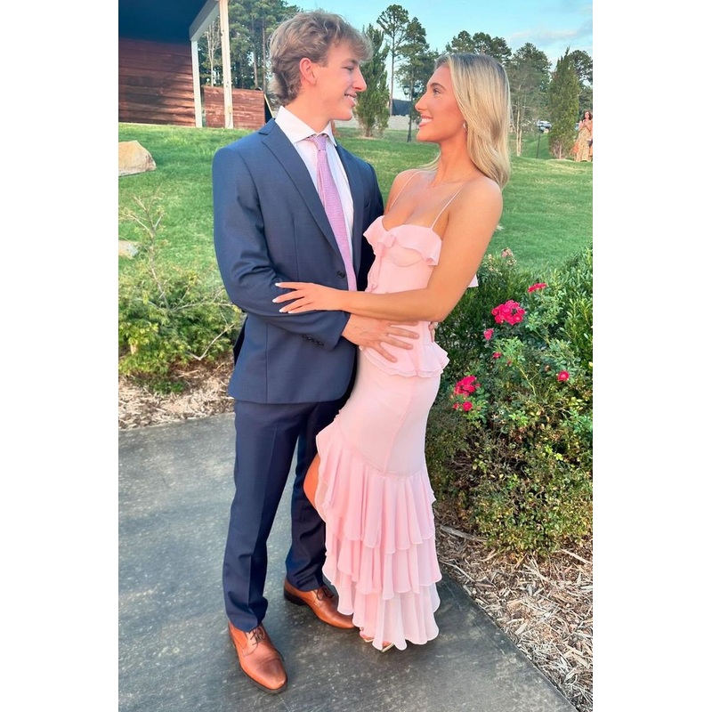 Spaghetti Straps Pink Prom Dress Slit Party Dress J5659