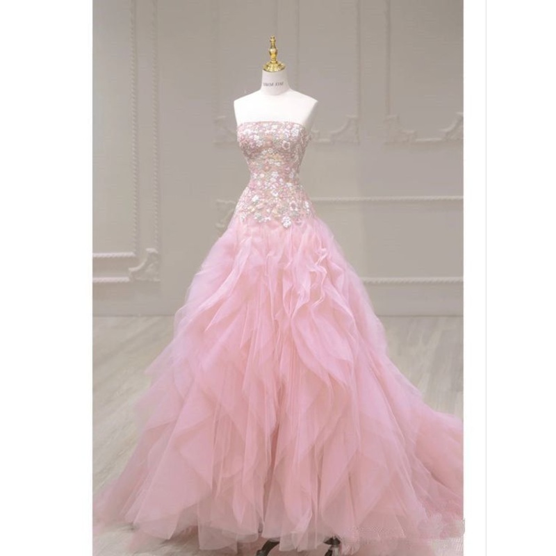 Strapless Pink A Line Long Prom Dress Tulle Ruffle Flower Party Dress J5228