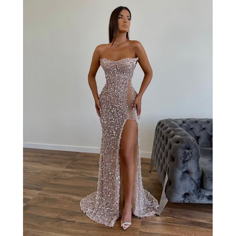 Strapless Sheath Sequin Long Prom Dress With Slit J2851