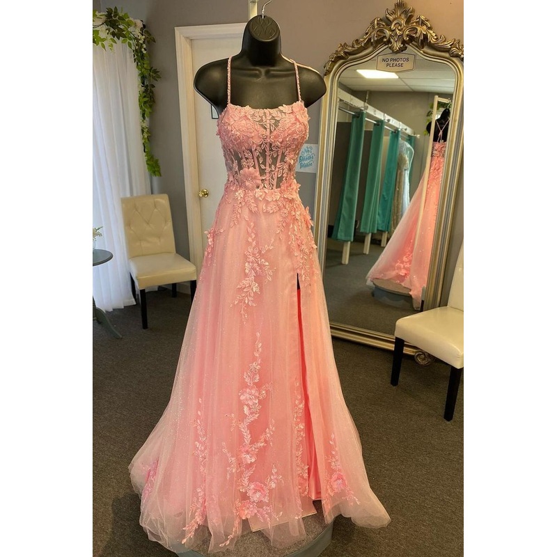 Straps Floral Applique A Line Long Prom Dress Tulle Formal Dresses J5064