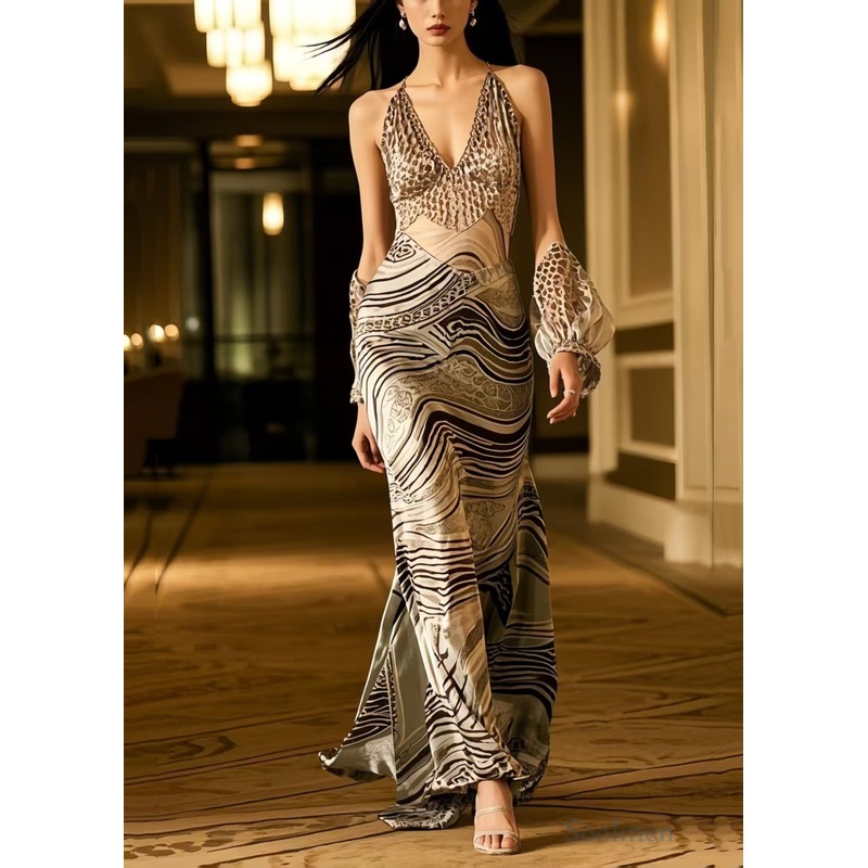Style Backless Print Silk Halter Dresses Summer