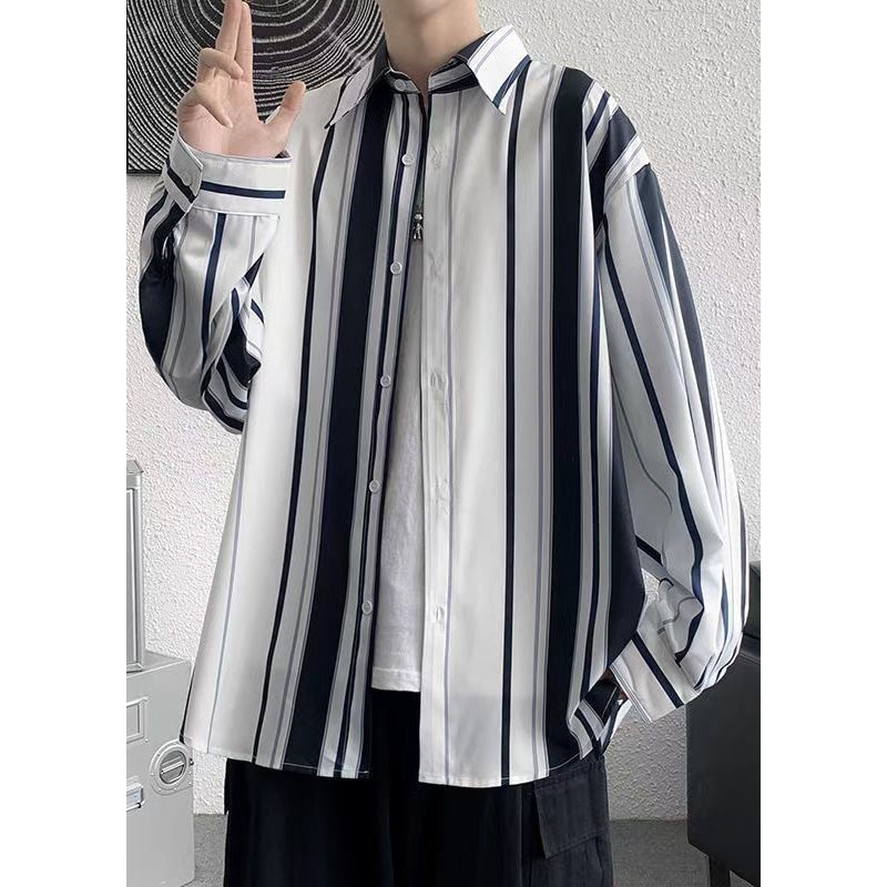 Style Blue Peter Pan Collar Striped Cotton Men Apparel Spring