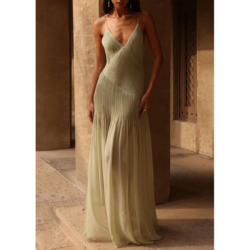 Style Light Green V Neck Wrinkled Spaghetti Strap Dress Summer