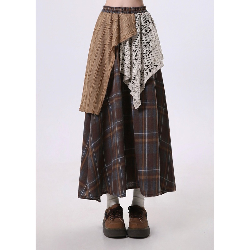 Stylish Brown Asymmetrical Patchwork Cotton Skirt Spring