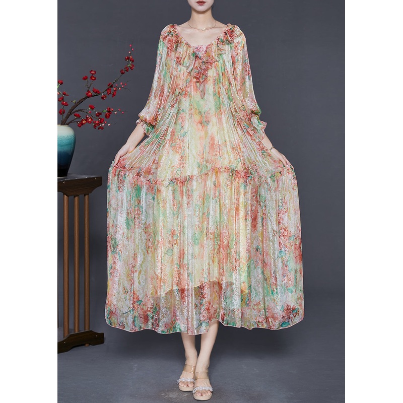 Stylish Khaki Ruffles Print Silk Maxi Dresses Spring