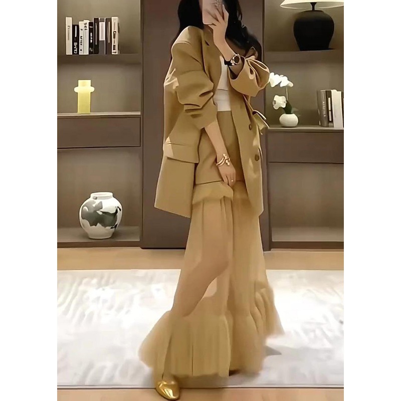 Stylish Khaki Suit Coat And Skirts Two Pieces Set Spring