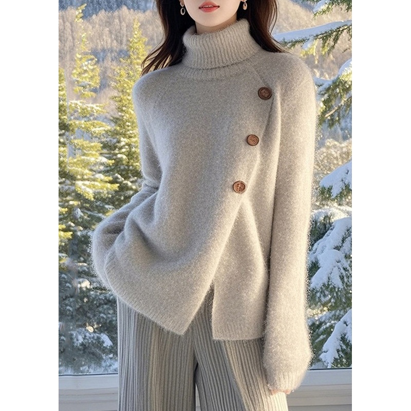 Stylish Light Grey Turtleneck Asymmetrical Cozy Cotton Knit Sweater Spring