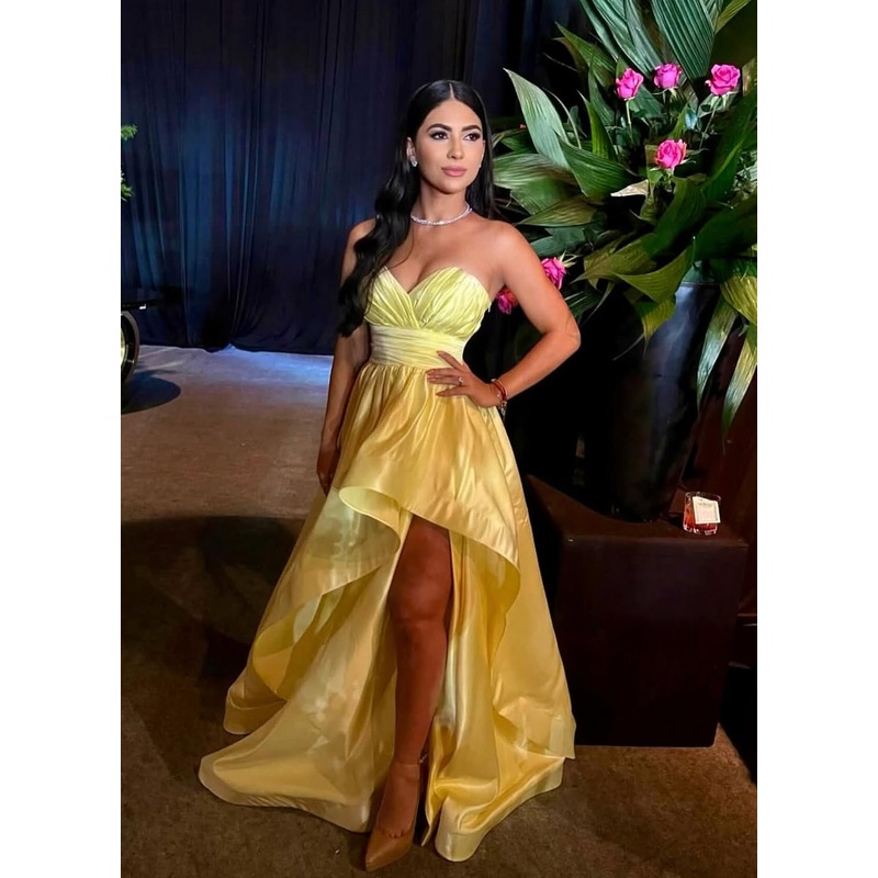Sweetheart A Line Yellow Wedding Guest Dress Satin Prom Dress J7816