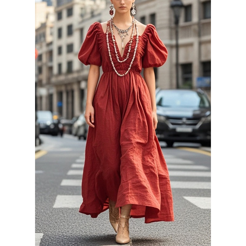 Unique Dull Red Wrinkled Exra Large Hem Cotton Long Dress Summer