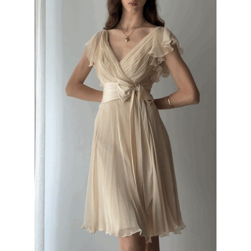 V Neck A Line Chiffon Short Dress Bow Summer Dress J6379