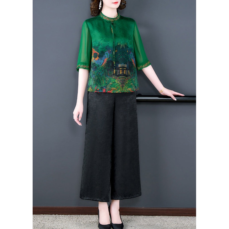 Vintage Green Print Tops And Pants Silk Two Pieces Set Summer