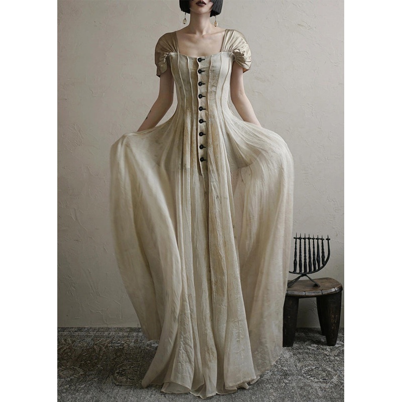 Vintage Square Collar Button Long Dress Summer