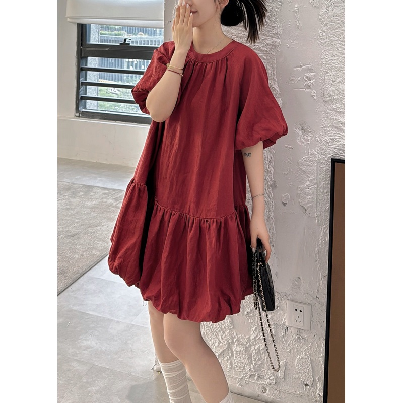 Wine Red Back Button Solid Linen Dresses O Neck Puff Sleeve