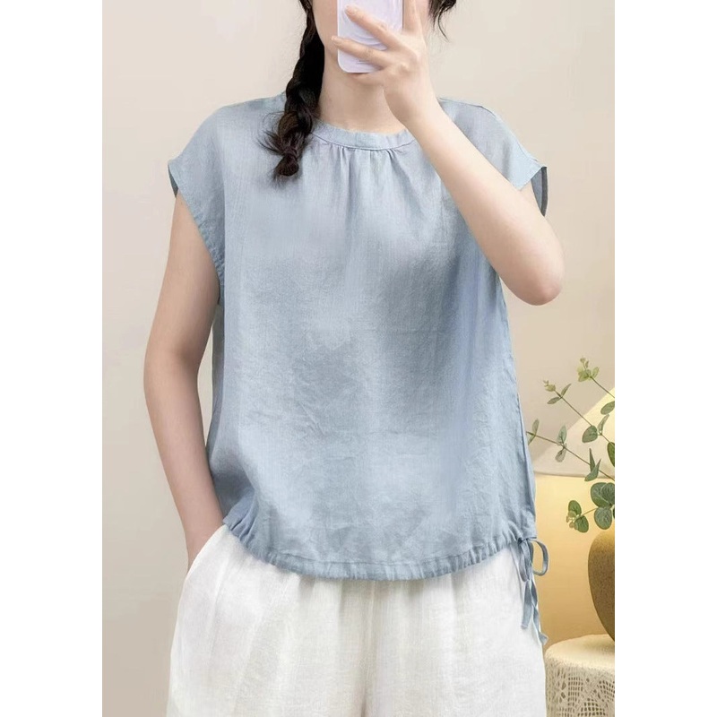 Women Blue Button Lace Up Solid Linen Shirts Summer