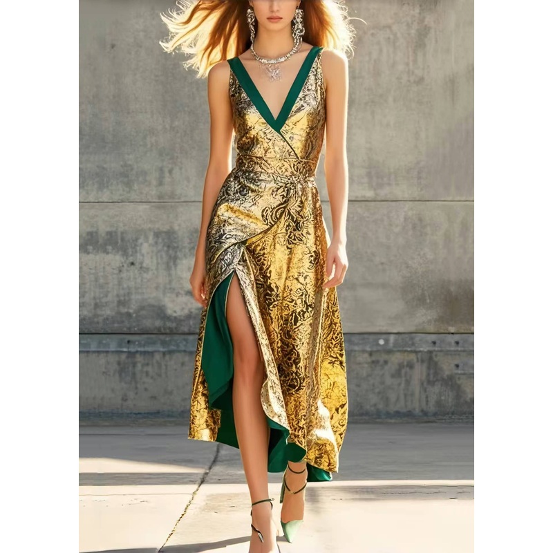 Women Golden Jacquard Side Open Party Dresses Sleeveless