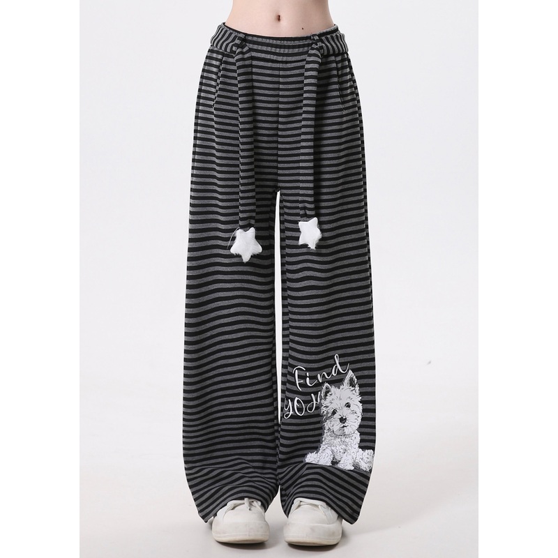 Women Grey Striped Animal Print Cotton Pants Spring