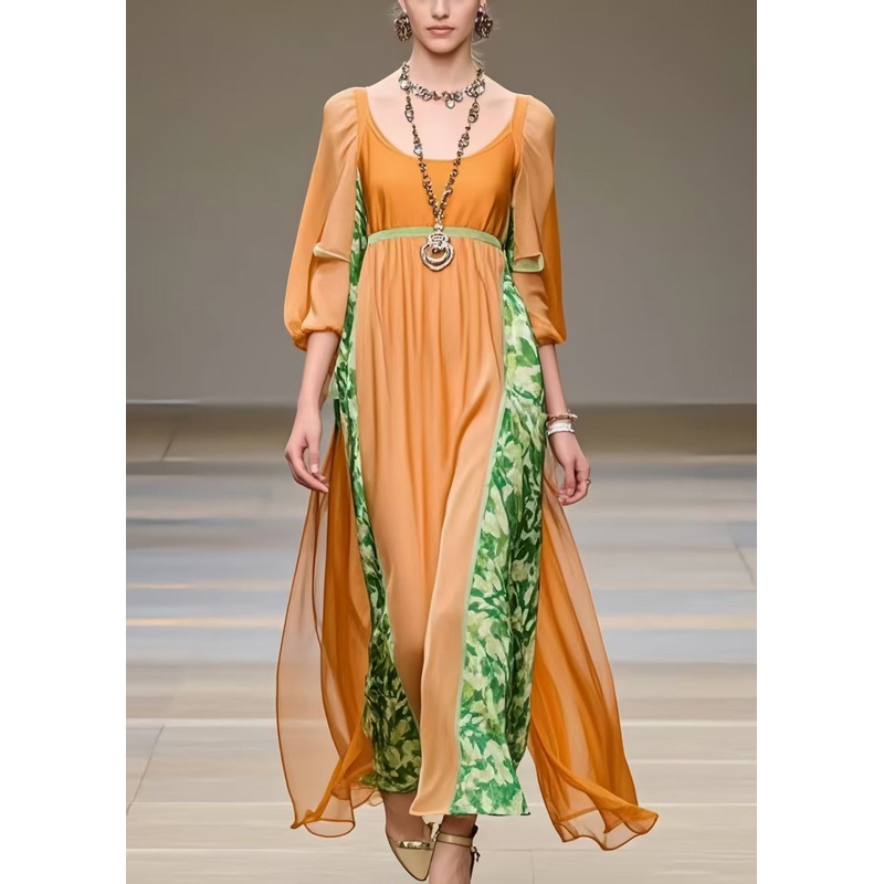 Women Orange U Neck Patchwork Chiffon Robe Dresses Bracelet Sleeve