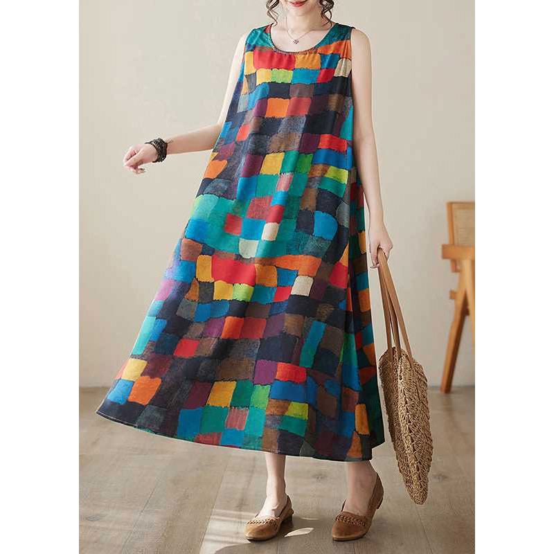 Women Rainbow Plaid O-Neck Maxi Dress Summer