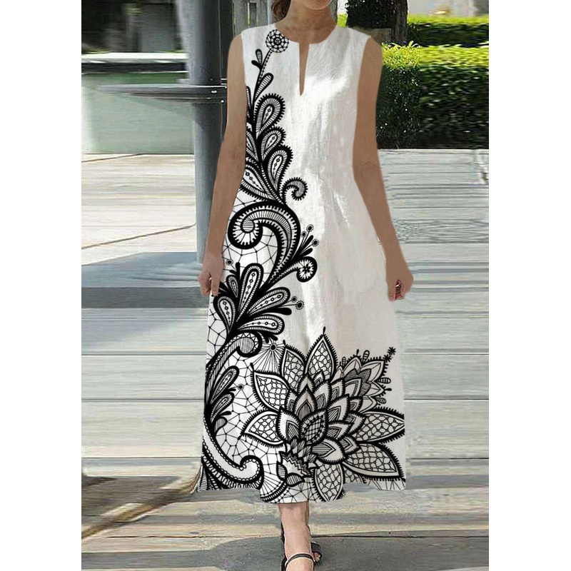 Women Solid White flowers Sleeveless V-Neck Back Zipper Pocket Dress