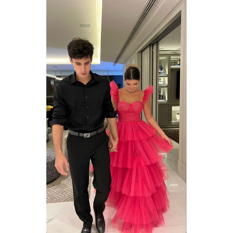 A line Hot Pink Layered  Prom Dresses Tulle Senior Prom Gowns 2114