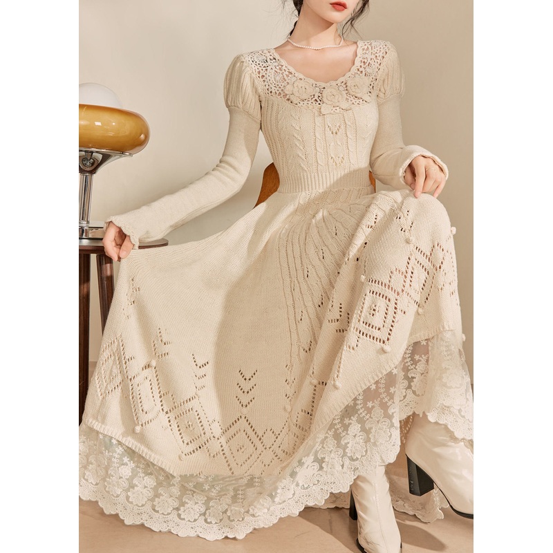 Art Apricot O-Neck Patchwork Hollow Out Cotton Knit Maxi Dress Spring