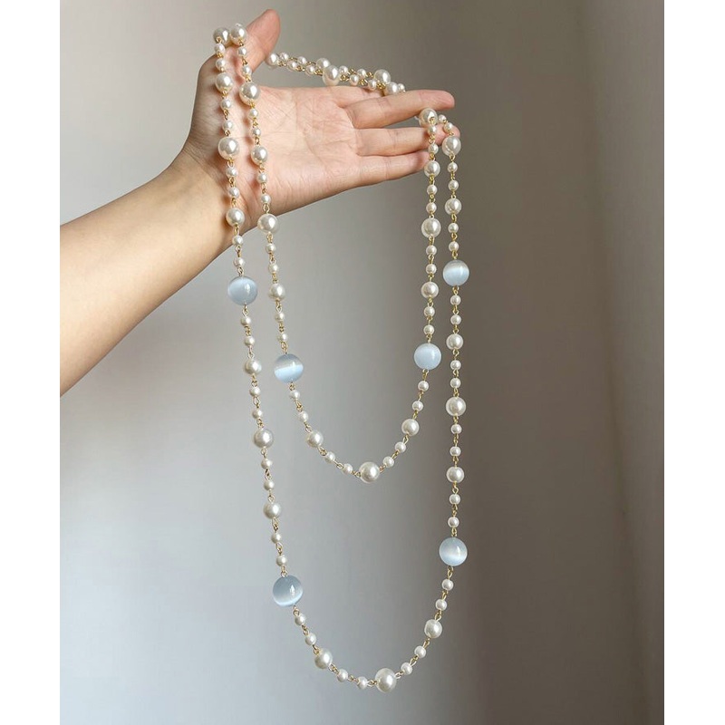 Art Gold Alloy Pearl Cat’s Eye Stone Layered Gratuated Bead Necklace