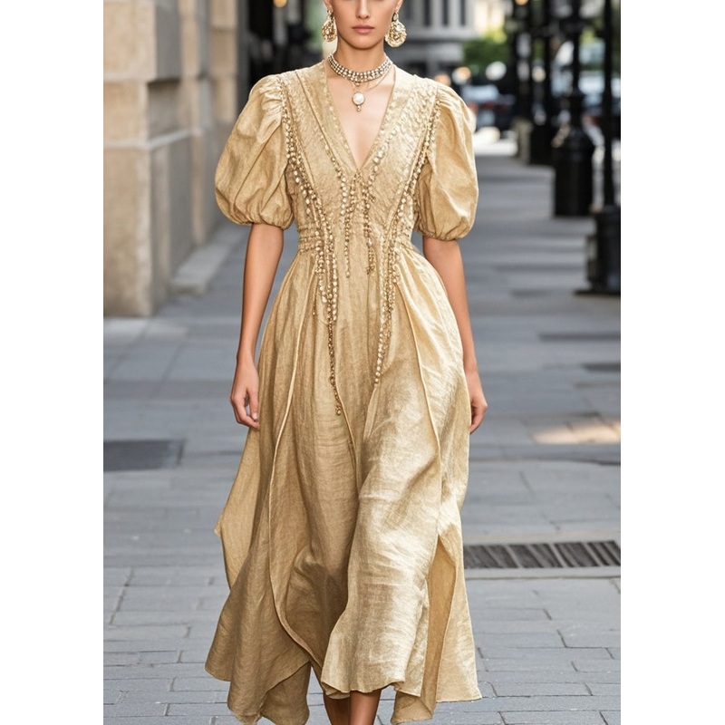 Art Khaki Tasseled Silm Fit Cotton Long Dresses Summer